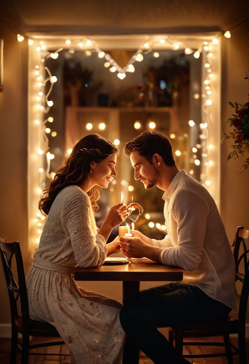A warm, cozy scene depicting a couple sharing a deep and intimate moment over a candlelit dinner, surrounded by soft glowing lights and romantic decor. Include symbols of love like hearts and intertwined hands, highlighting their connection and passion. The background should be softly blurred to enhance focus on the couple. super-realistic. warm colors. romantic atmosphere.