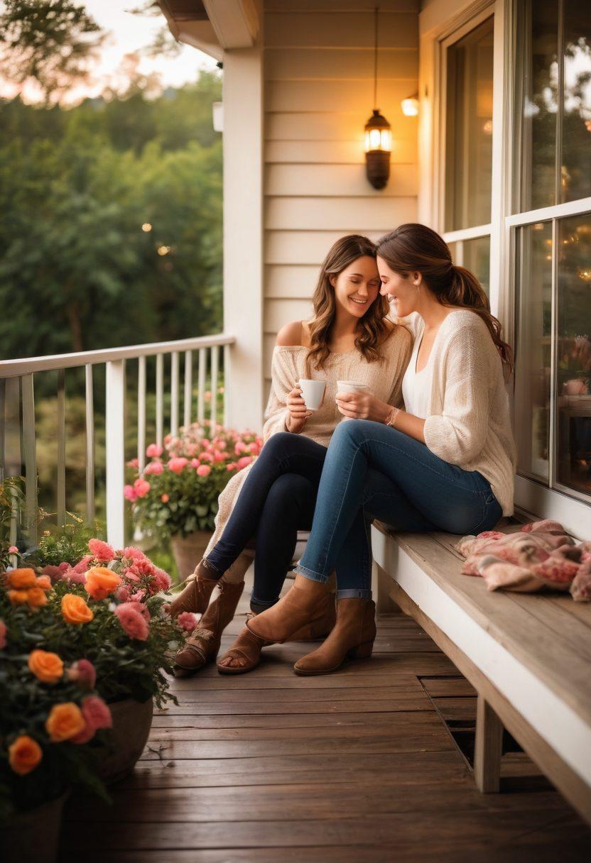 A cozy, intimate scene of a couple sitting together on a porch at sunset, sharing a warm moment with soft smiles and gentle touches, surrounded by nature's vibrant blooms and glowing lights. Include elements like intertwined hands and a shared cup of coffee, symbolizing connection and love. romantic style. warm colors. soft focus.