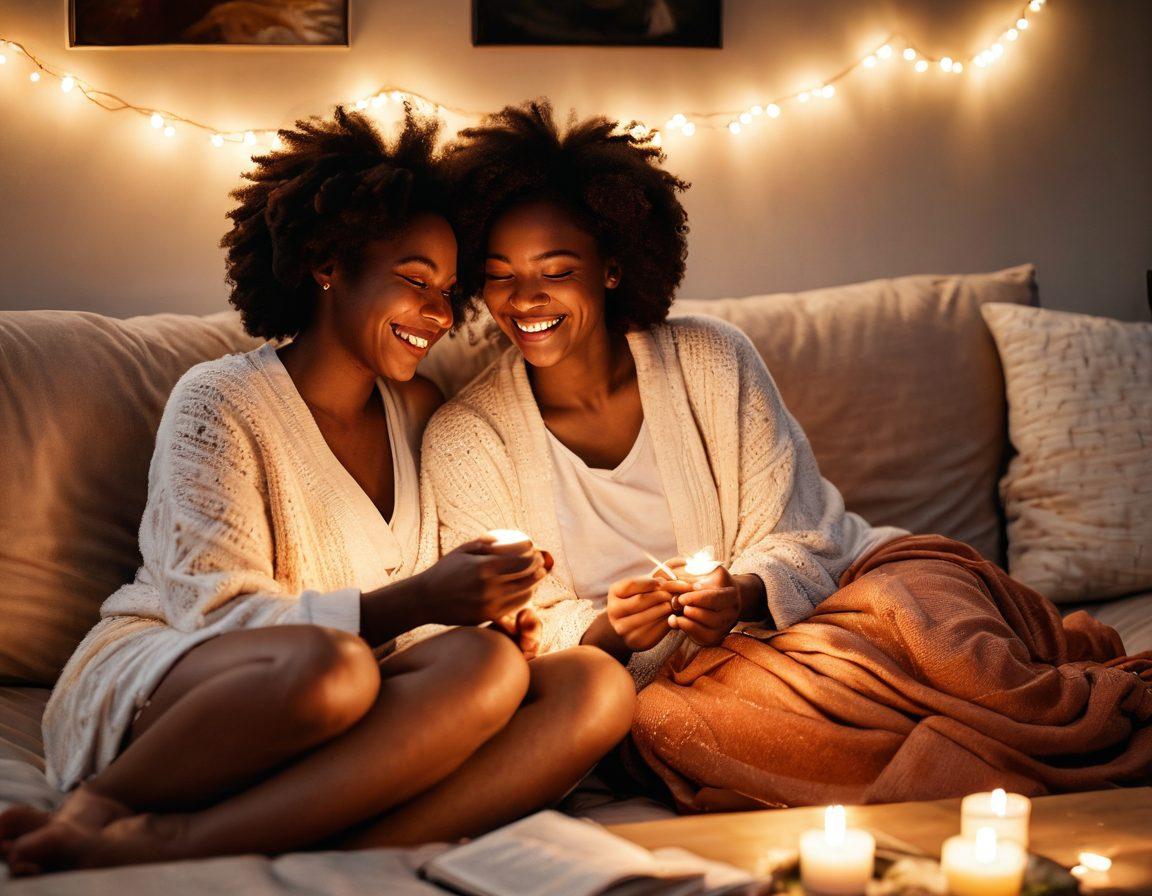 A heartwarming scene showcasing two diverse individuals sharing a laugh while seated on a cozy sofa, surrounded by soft blankets and fairy lights, symbolizing intimacy and connection. Their hands are gently intertwined, with a warm glow emanating from a nearby candle that casts a soft hue around them. An open book lies on the table, hinting at shared stories and moments. The overall atmosphere conveys love, understanding, and deep emotional bonds. super-realistic. warm colors. soft focus.